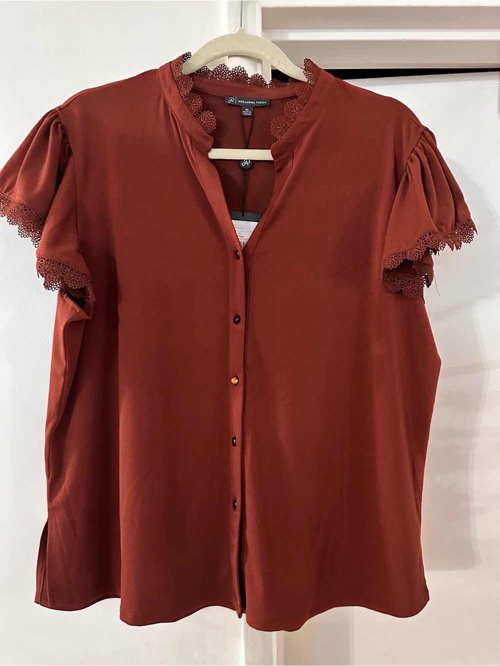 Adrianna Papell Rust Button-Front Ruffle Sleeve Blouse